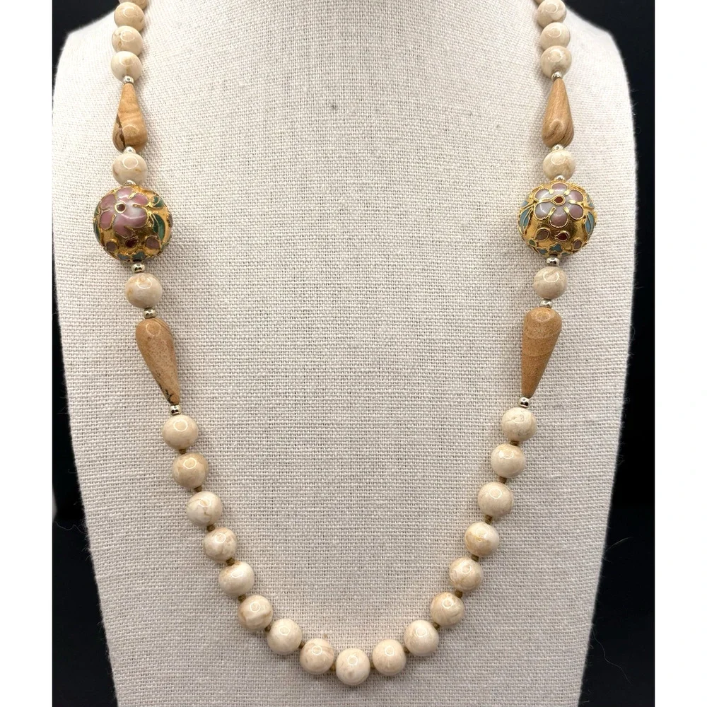 Vintage Cloisonné Floral Marbled Stone Wood Beige Knotted Necklace 34